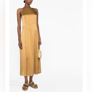 NWT Loulou Studio Mina Sleeveless Silk Satin Midi Dress size L camel brown